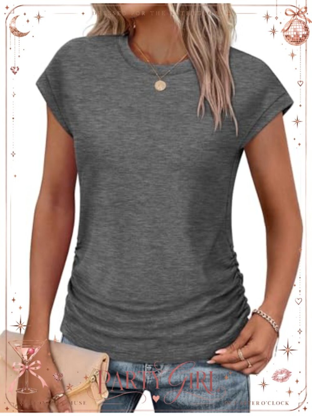 Womens Summer Tops Ruched Side Cap Short Sleeve Crew Neck T-Shirt Loose Fit